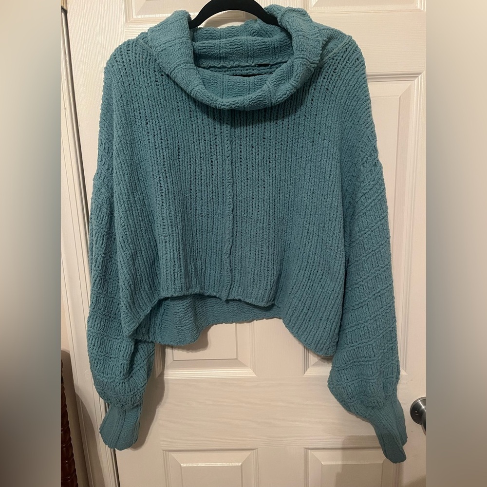 Free People Be‎ Yours Pullover Emerald Aura Cropped Cowl Neck Sweater Oversized